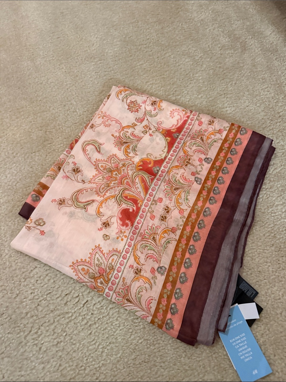 H&M Pink Paisley Print Lightweight Sarong with Brown and Coral Stripes